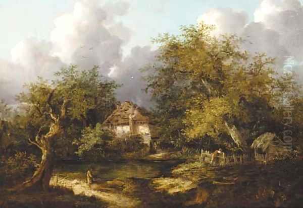 Figures on the bank of a river with a cottage beyond - view 1