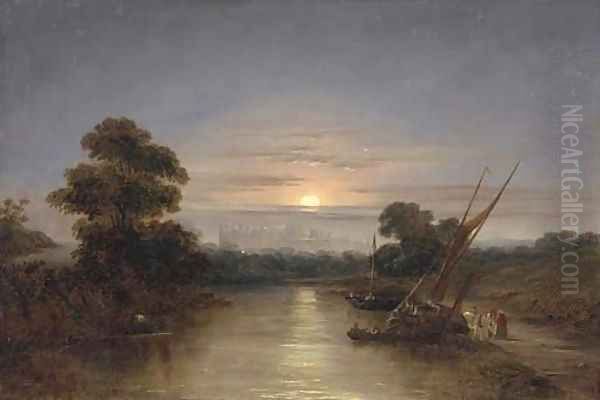 Barges on the Thames at dusk, with Windsor Castle beyond - view 1