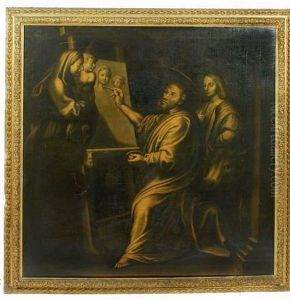 St Luke Painting The Madonna And Child In The Presence Of Raphael by Raphael