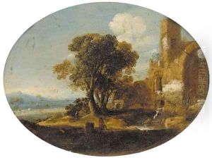 An extensive Italianate landscape with classical ruins by Gottfried Wals