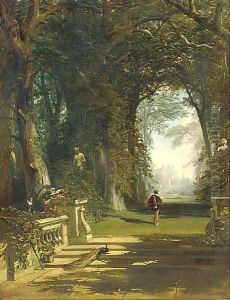 Cavaliers in a wooded avenue, a country house beyond by James Digman Wingfield