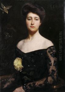 Portrait Of A Woman In Lace Dress In Front Of Oriental Screen