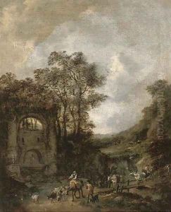 A river landscape with shepherds and their flock crossing a bridge to a fountain A river landscape with shepherds and their flock crossing a bridge to a fountain
