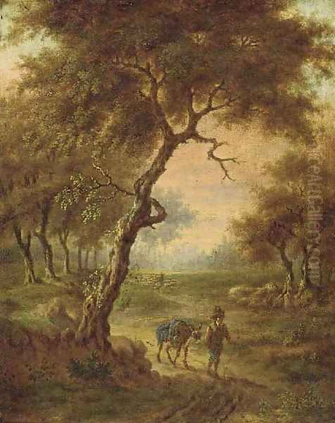 A wooded landscape with a traveller on a path - view 1