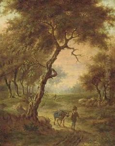 A wooded landscape with a traveller on a path A wooded landscape with a traveller on a path