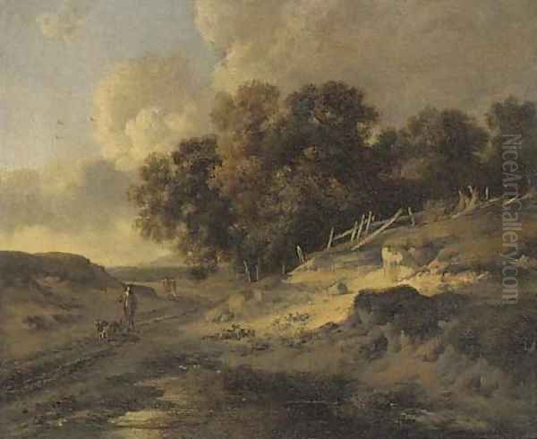 A woodside track with travellers and dogs - view 1