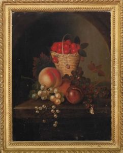 Strawberries In A Wicker Basket, Apples, Grapes And Gooseberries On A Stone Ledge by William Sartorius