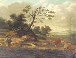 A dune landscape with sheep, a cow and figures on a track A dune landscape with sheep, a cow and figures on a track
