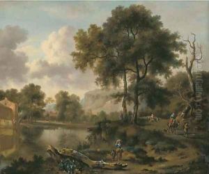A wooded river landscape with travellers on a road, a village beyond A wooded river landscape with travellers on a road, a village beyond