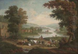 Peasants with sheep and cattle in an extensive river landscape