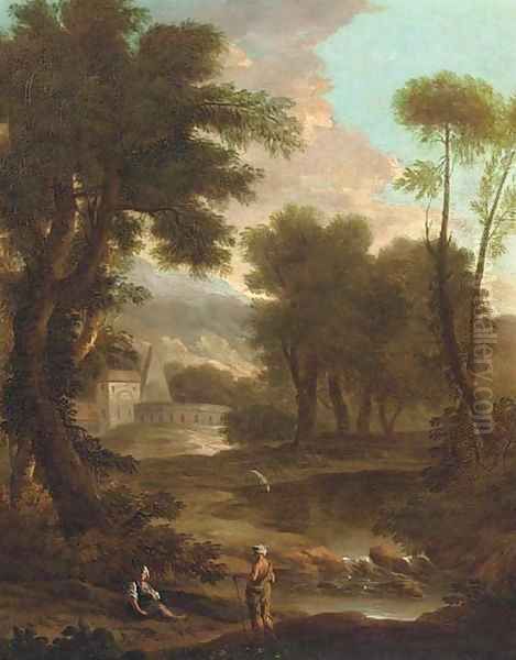 A landscape with a shepherd and shepherdess by a river, classical buildings beyond - view 1