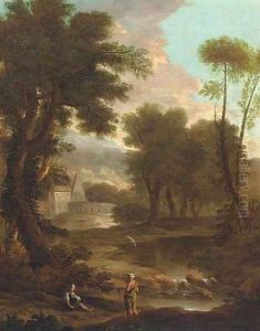 A landscape with a shepherd and shepherdess by a river, classical buildings beyond