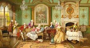 Elegant company relaxing in a drawing room