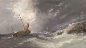 A fishing lugger in an onshore breeze with a wreck beyond by William Henry Williamson