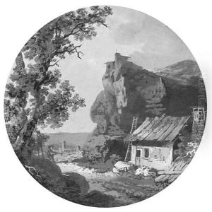 A landscape with a house near rocks by Claude-Henri Watelet