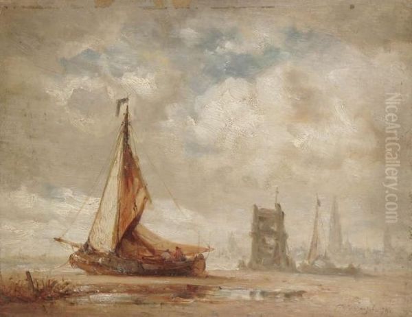 Gezicht Op Antwerpen Vanaf De Linkeroever Met Visserboot Bij Laagtij - view 1