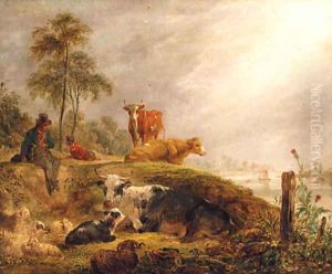 Herdsmen With Cattle And Sheep Resting By A River by James Ward