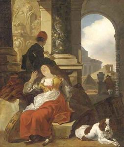 A capriccio of classical ruins with a sleeping tambourine player beside a dog, other figures beyond by Jan Baptist Weenix