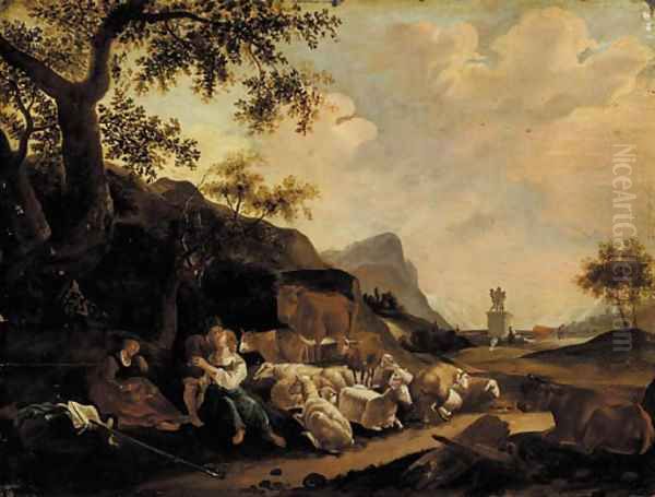 A shepherd couple embracing at the foot of a tree in an Italianate landscape - view 1