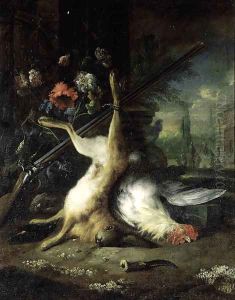 A dead hare hanging from a shotgun with a dead hen, in a classical garden by Jan Baptist Weenix