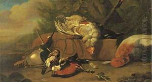 Dead game birds near a powder flask in a wooded clearing by Jan Weenix