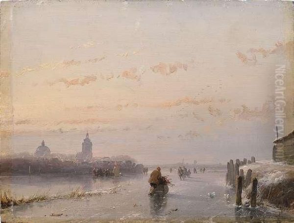 Abendliche Winterlandschaft Mit
Personen Auf Einem Zugefrorenen Kanal Vor Stadtsilhouette - view 1