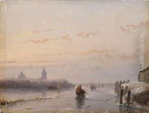 Abendliche Winterlandschaft Mit 
Personen Auf Einem Zugefrorenen Kanal Vor Stadtsilhouette by Andreas Schelfhout