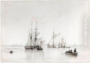 Vissersboten Op Kalm Water Voor De Kust by Andreas Schelfhout