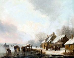 Ijsvermaak En Figuren Bij Een Boerderij