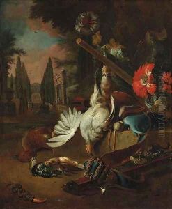 Dead game, a rifle, a blue velvet hunting pouch, with flowers in a park, a fountain beyond by Jan Weenix