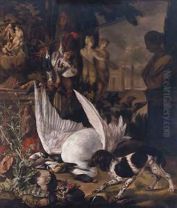 A spaniel guarding dead birds amongst garden statuary in a park landscape