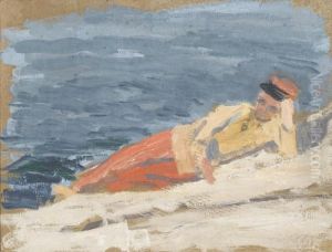 Liegender Mann Am Strand by Ernst Traugott Schiess