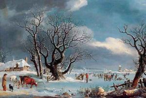 Skaters in a winter landscape by Johannes Pieter Van Wisselingh