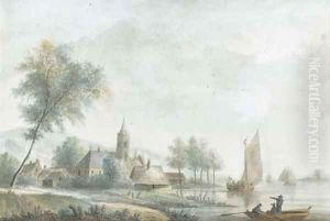 An extensive landscape with a church on the banks of a broad river by Nicolaes Wicart