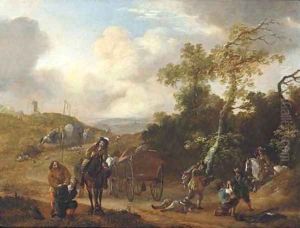 A wooded landscape with travellers ambushed on a country road by Thomas Wijck