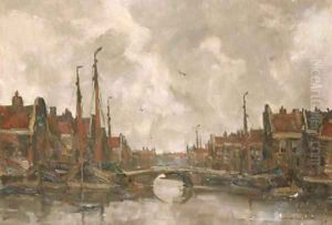 View of a Dutch harbour by Kees Van Waning