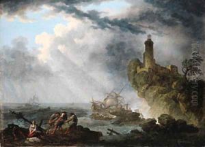 A shipwreck in stormy seas with survivors on a rocky outcrop, a lighthouse beyond by Pierre Joseph Wallaert