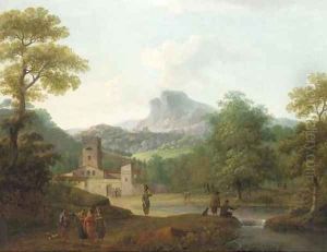A classical river landscape with figures on a path, a town beyond by Pierre Joseph Wallaert