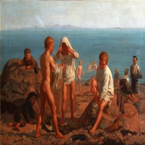 Bathing Boys Near The Sea by August Heinrich Schiott