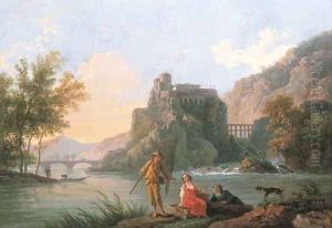 A river landscape with fishermen by the bank by Pierre Joseph Wallaert