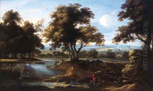 A sportsman shooting duck by a river, in summer