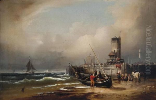 Unloading The Day's Catch, At Low Tide, Before A Continental Harbour - view 1
