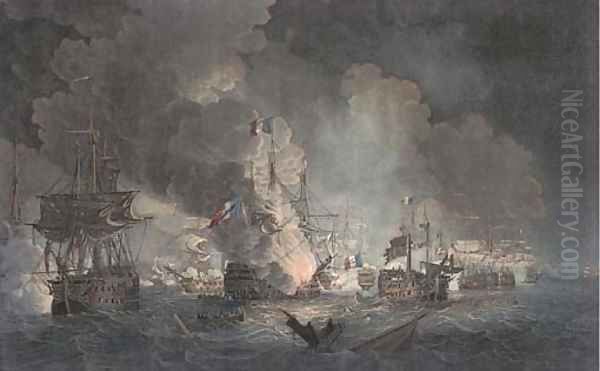 Battle of the Nile, representing the situation of the two Fleets, previous to the blowing up of the L'Orient on the night of August 1, 1798, by Hellye by Thomas Whitcombe