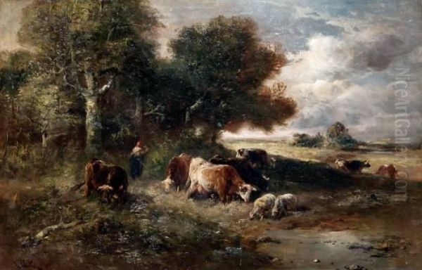 Herderin Met Koeien En Schapen Aan De Bosrand - view 1