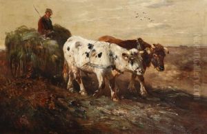 Heidegezicht Met Boer Op Hooiwagen Met Ossengespan