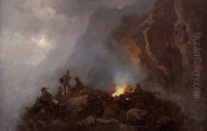 Jagerrast Im Abendlichen Hochgebirge Beim Lagerfeuer