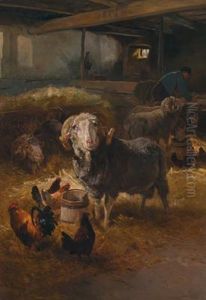Sheep And Chickens In A Barn