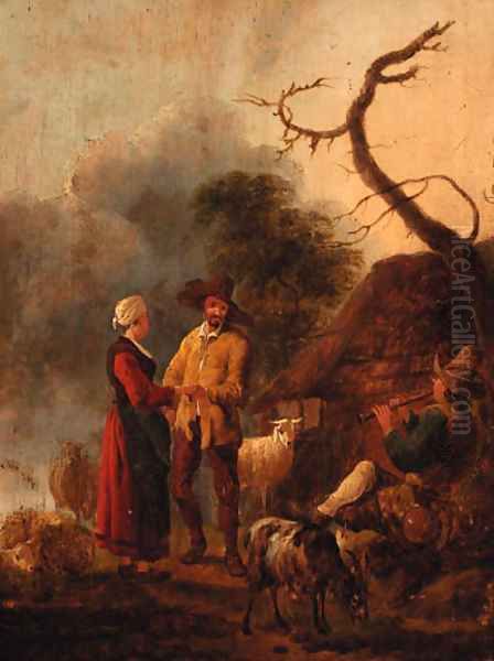 A couple dancing to a piper outside a cottage - view 1