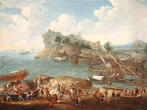 A Mediterranean coastal Landscape with Levants and Shipbuilders in the foreground