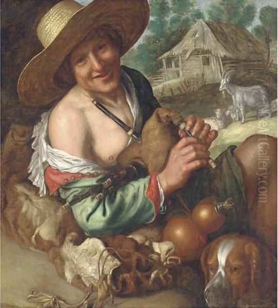A shepherd piper with his mastiff before a shed - view 1
